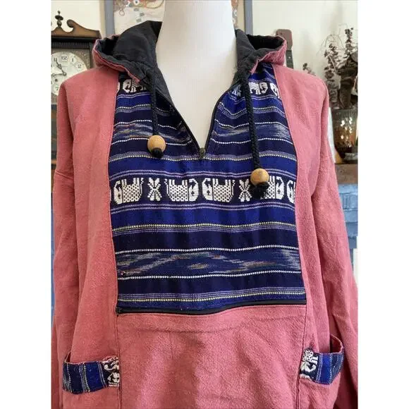 Vintage Baja Poncho Hoodie M Blanket Pullover Hippie Festival India Thailand - Picture 3 of 16